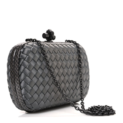 Bottega Veneta Satin Ayers Intrecciato Chain Knot Clutch Grey 3 of 10