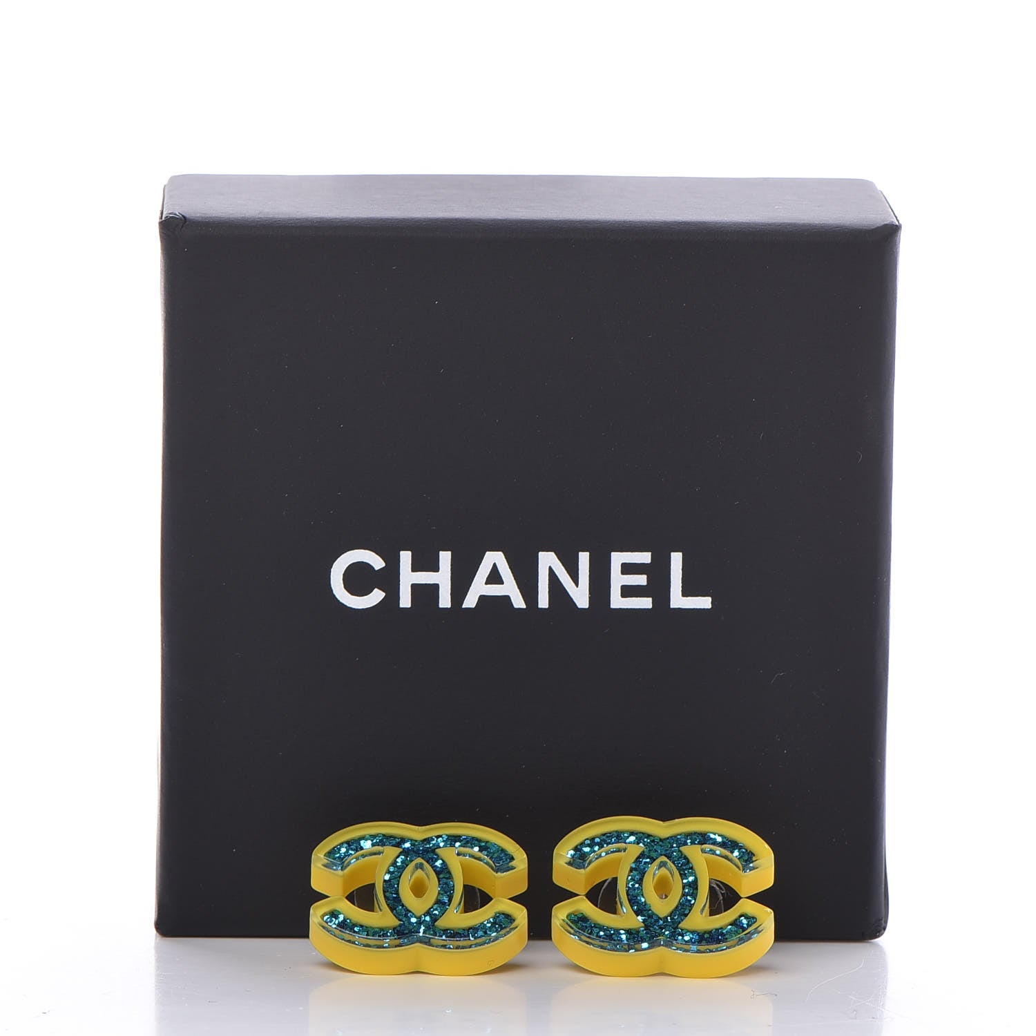 Chanel Glitter Resin CC Earrings Yellow Blue 5 of 5
