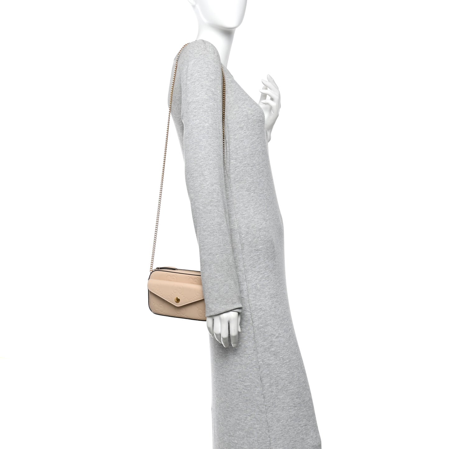 Calfskin GG Super Mini Debossed Chain Wallet Light Beige