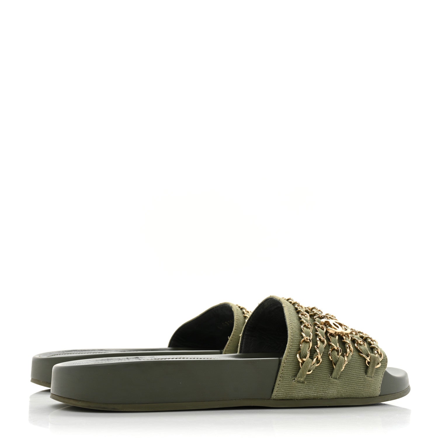 Chanel Canvas Chain Flat Sandals 38 Khaki 4 of 10