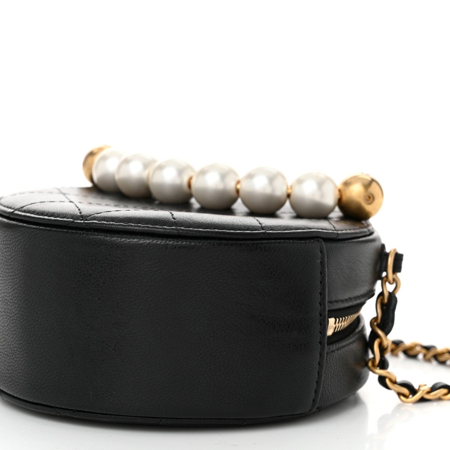 Chanel Goatskin Quilted Chic Pearls Chain Round Clutch With Chain Black 10 of 10