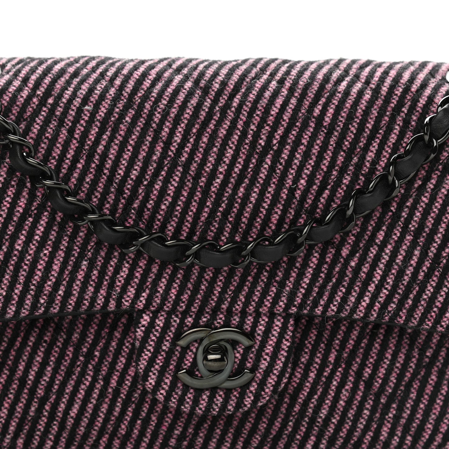 Wool Tweed Quilted Medium Double Flap Pink Black