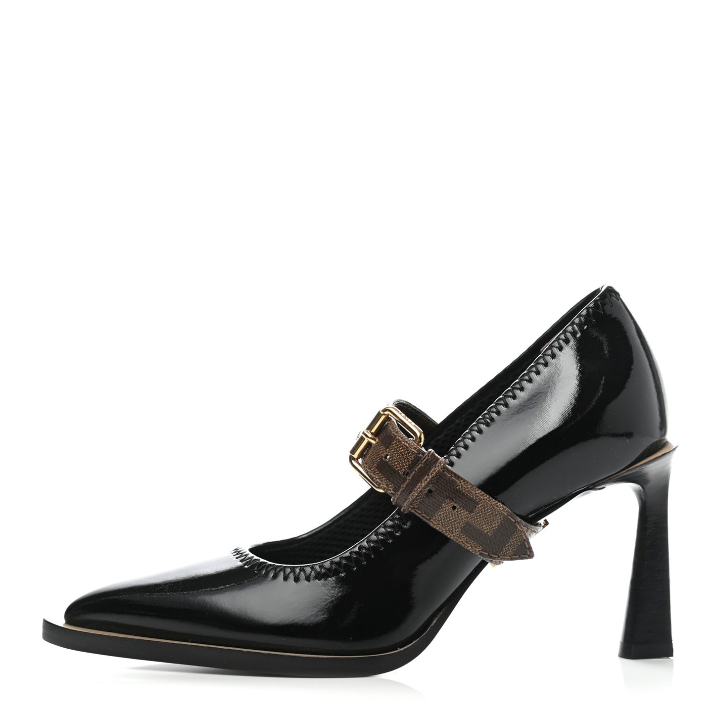 Glossy Neoprene Glazed Fabric FF FFrame Court Mary Jane Pumps 35 Black Tobacco Moro