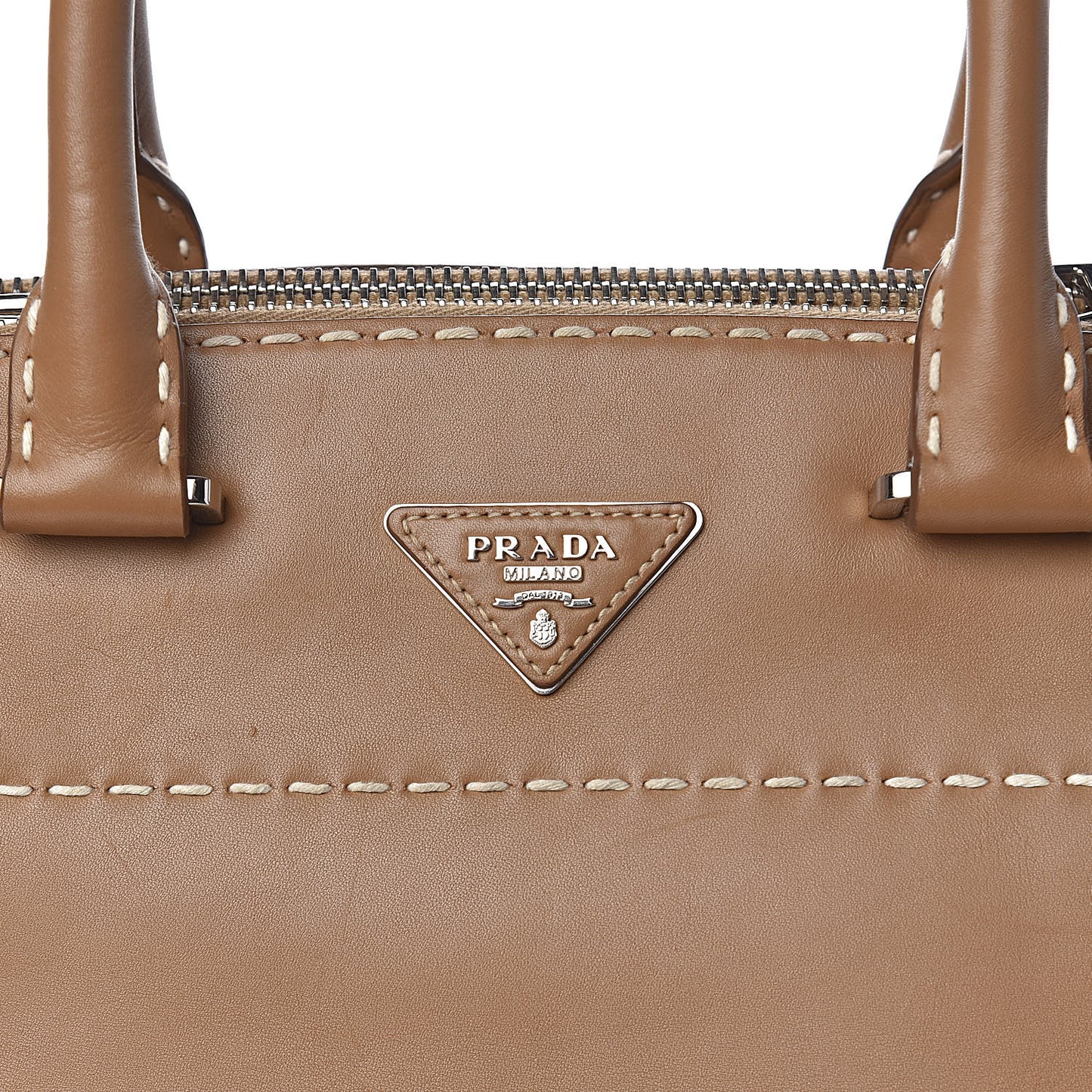 City Calf Small Hand Stitched Galleria Double Zip Tote Caramel
