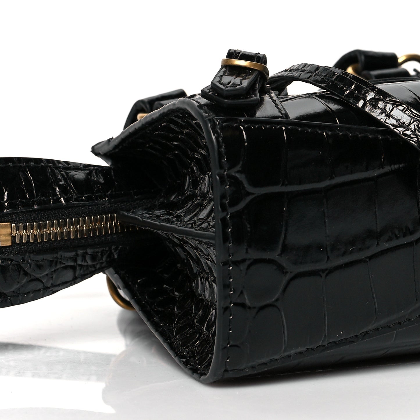 Shiny Supple Calfskin Crocodile Embossed Neo Classic Gold Hardware Nano City Crossbody Black