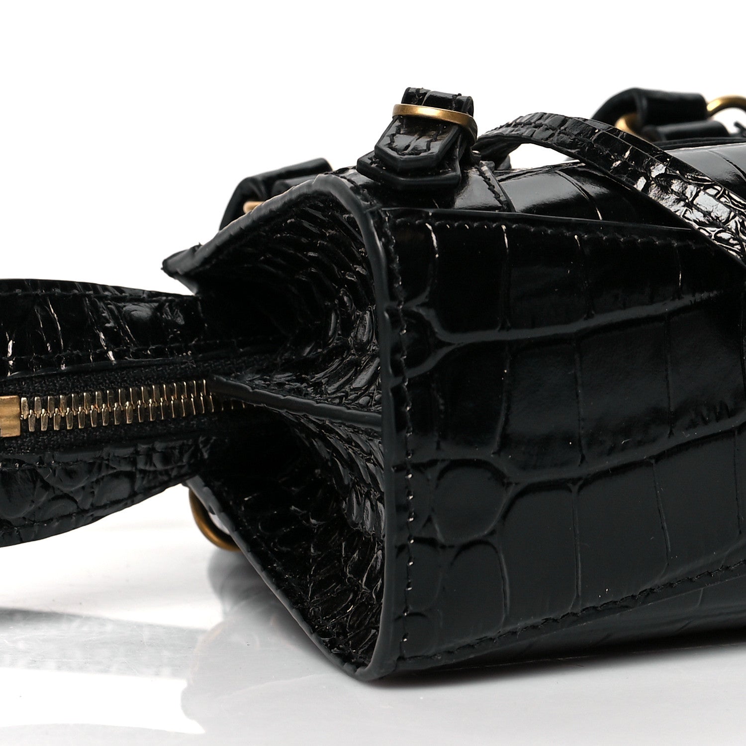 Balenciaga Shiny Supple Calfskin Crocodile Embossed Neo Classic Gold Hardware Nano City Crossbody Black 7 of 8