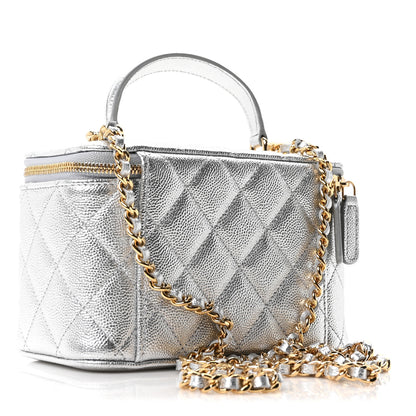 Chanel Metallic Caviar Quilted Top Handle Slim Vanity Case With Chain Silver 2 of 10