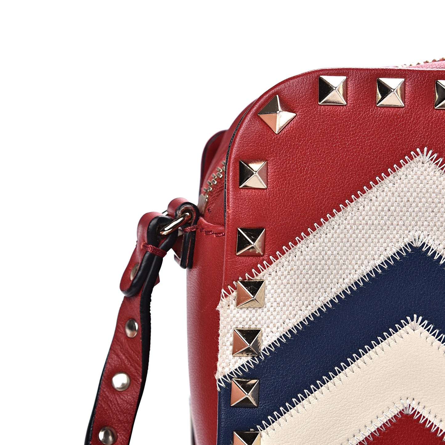 Calfskin Canvas Zig Zag Print Rockstud Flip Lock Camera Crossbody Bag Red Blue