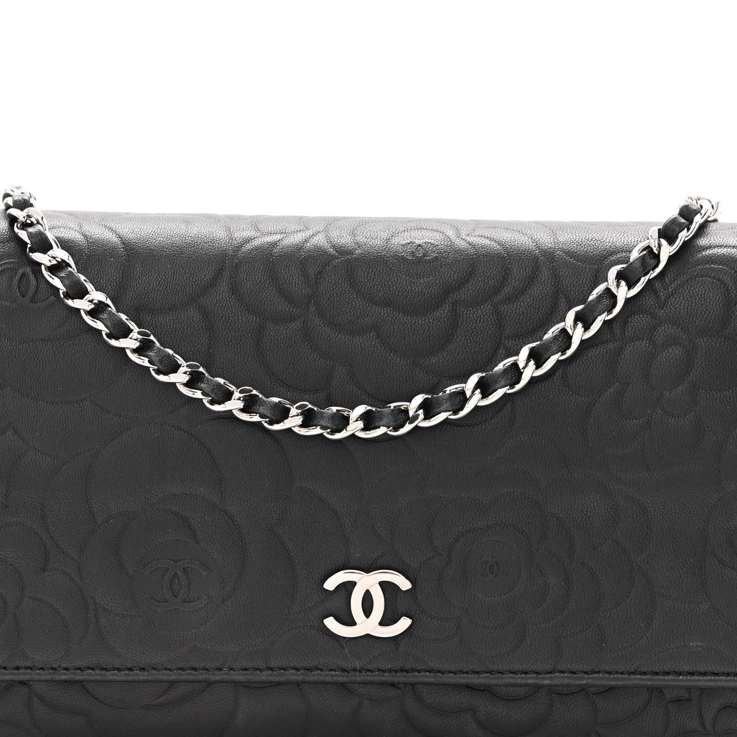 Lambskin Camellia Embossed Wallet on Chain WOC Black