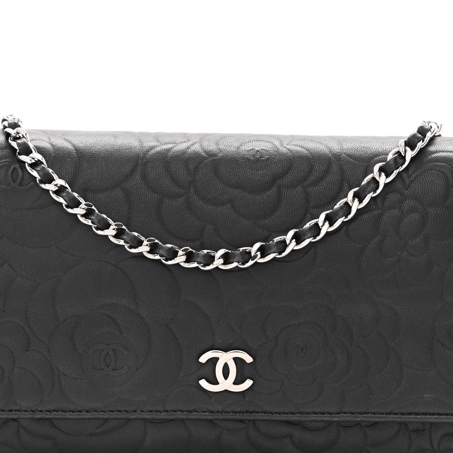 Chanel Lambskin Camellia Embossed Wallet on Chain WOC Black 9 of 12