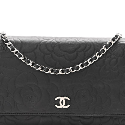 Chanel Lambskin Camellia Embossed Wallet on Chain WOC Black 9 of 12