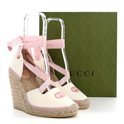 Gucci Canvas Grossgrain Embroidered Judit Ankle Wrap Platform 35/120mm Espadrille Wedges 40.5 White Shell 10 of 10