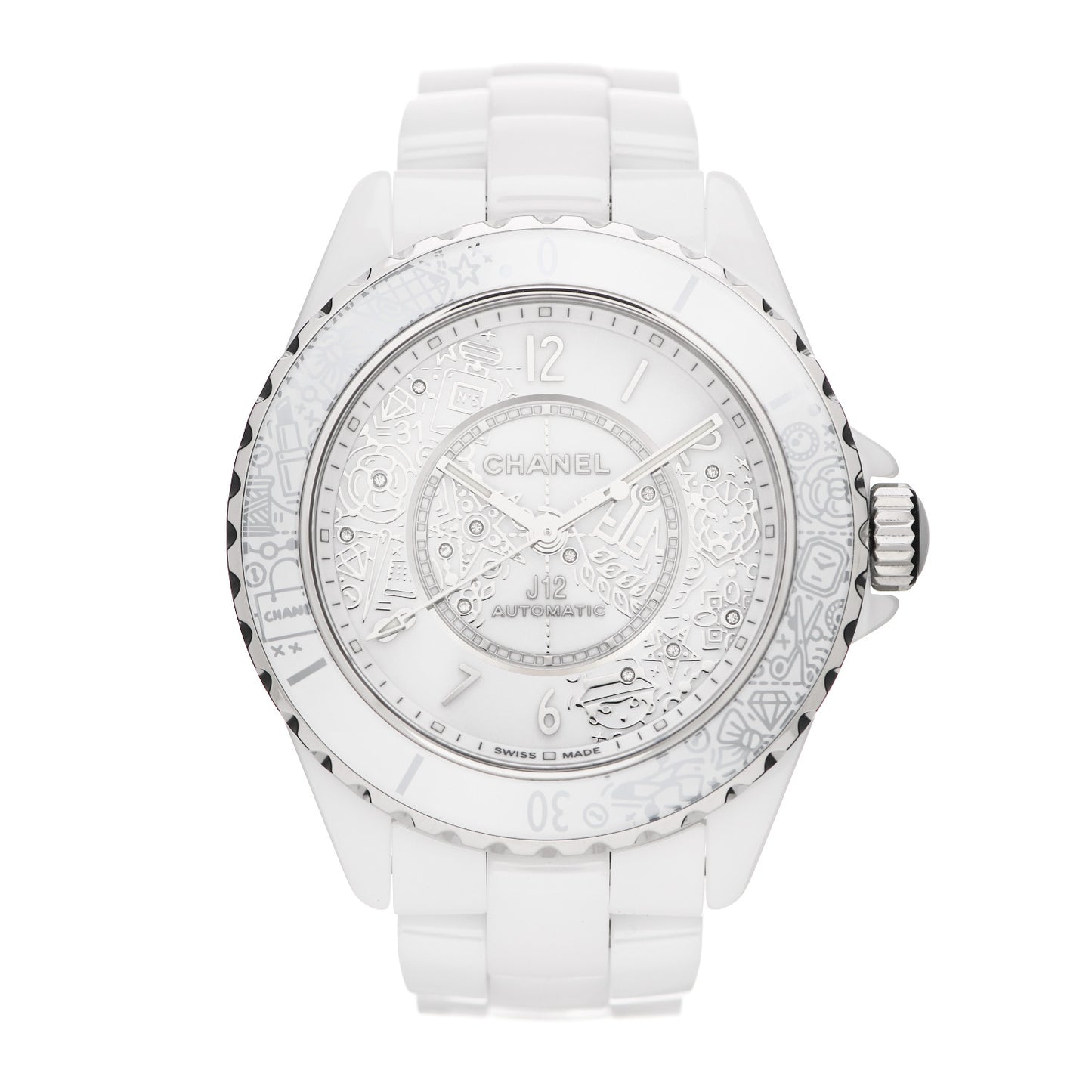 Stainless Steel Ceramic Diamond 38mm J12 Limited Edition Automatic Watch White