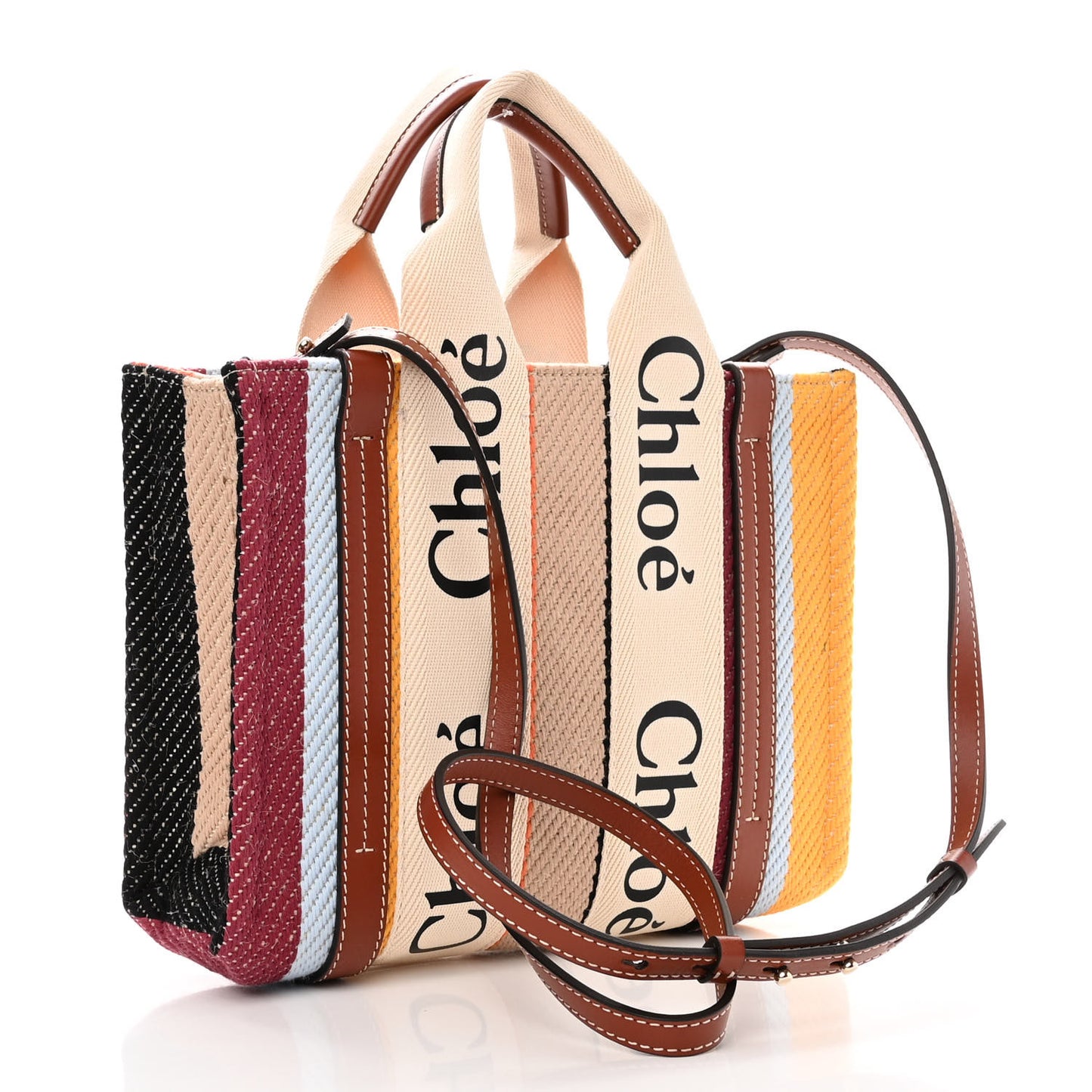 Cotton Calfskin Small Woody Striped Ribbon Tote Multicolor