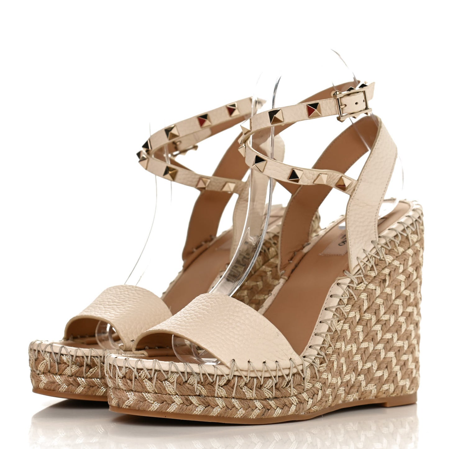 Grained Calfskin Rockstud Ankle Strap Espadrille Wedge Sandals 38 Light Ivory Natural