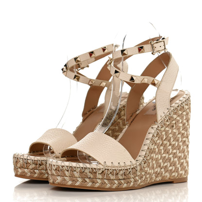 Valentino Garavani Grained Calfskin Rockstud Ankle Strap Espadrille Wedge Sandals 38 Light Ivory Natural 3 of 12