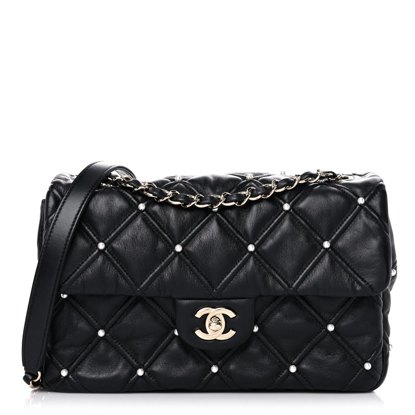 Lambskin Quilted Pearl Studded Flap Black