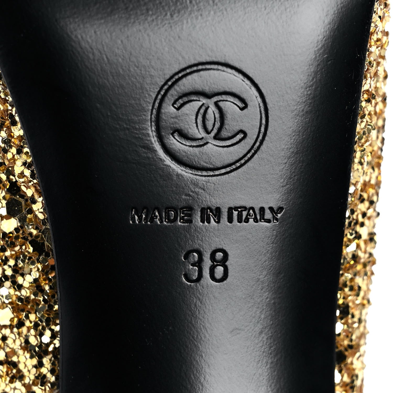 Chanel Glitter Grosgrain Cap Toe CC Slingback Pumps 38 Gold Black 6 of 9