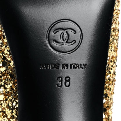 Chanel Glitter Grosgrain Cap Toe CC Slingback Pumps 38 Gold Black 6 of 9