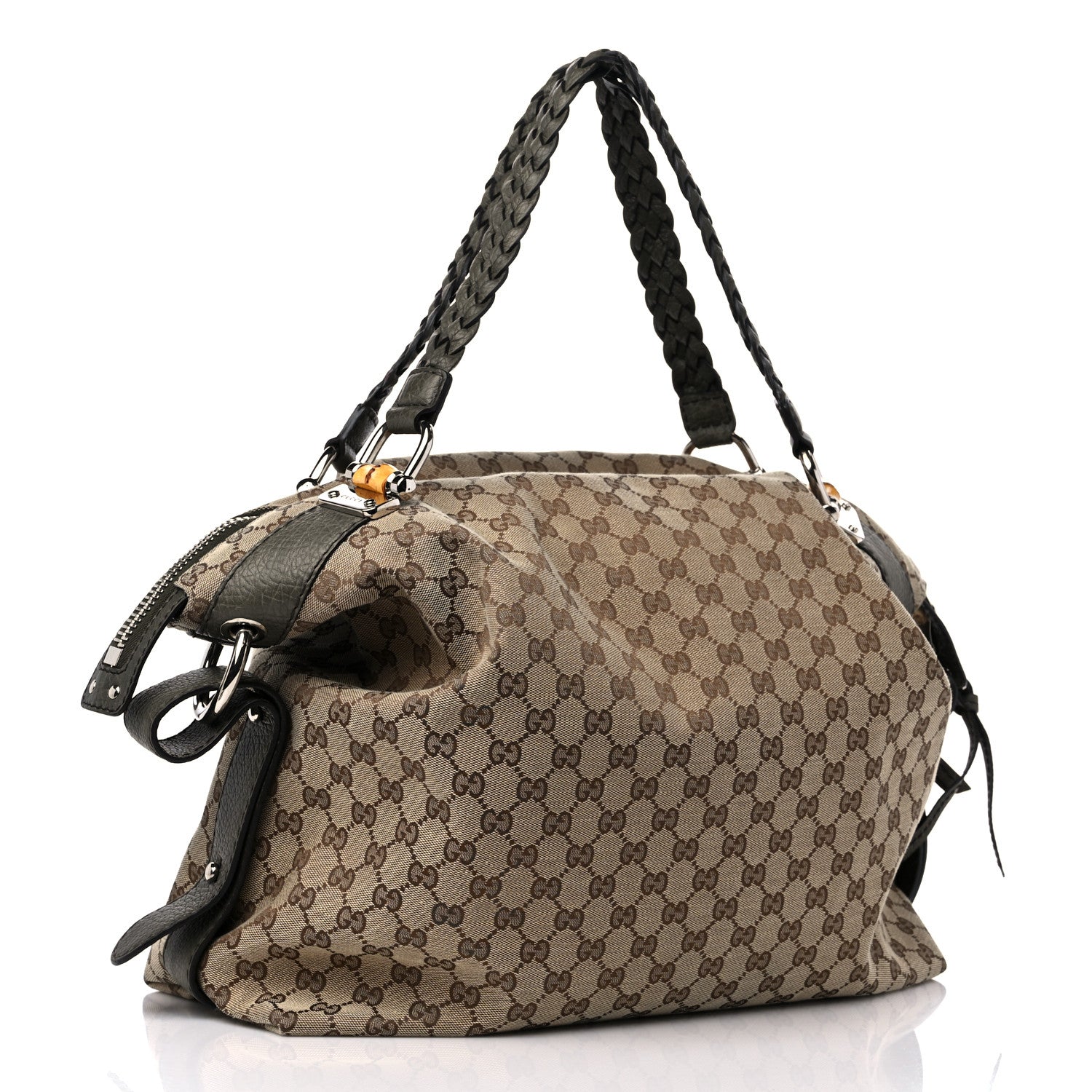 Gucci Monogram Large Bamboo Bar Tassel Shoulder Bag Green 3 of 9