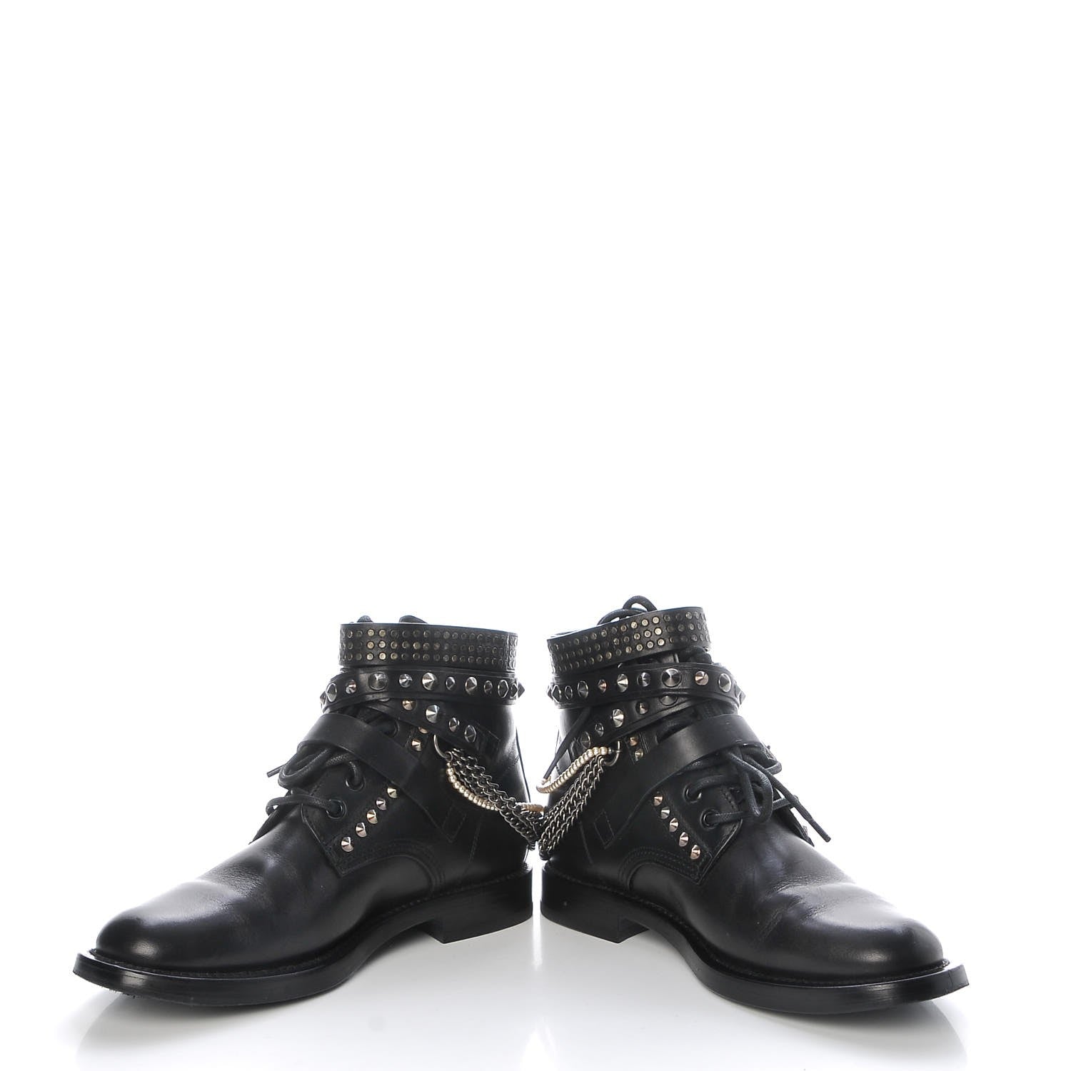 Saint Laurent Smooth Calfskin Studded Strap Ranger Boots 37.5 Black 5 of 16
