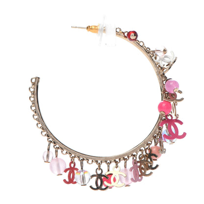 Chanel Crystal Bead CC Charm Hoop Earrings Pink Gold 3 of 6