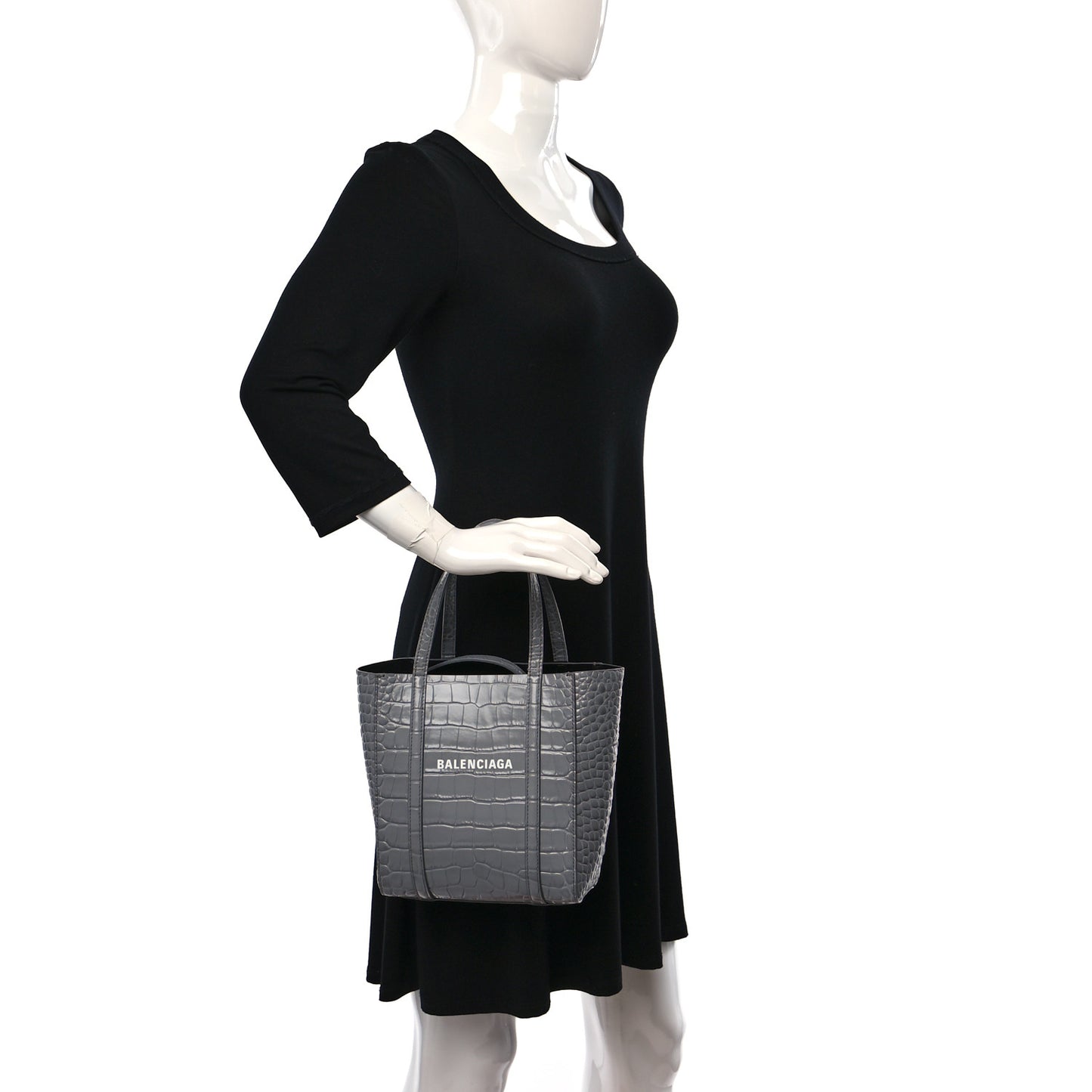 Shiny Calfskin Logo Crocodile Embossed XXS Everyday Tote Grey