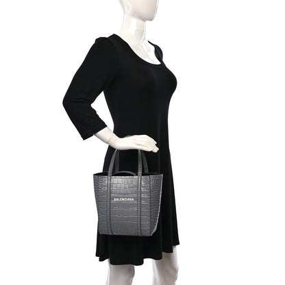 Balenciaga Shiny Calfskin Logo Crocodile Embossed XXS Everyday Tote Grey 2 of 8