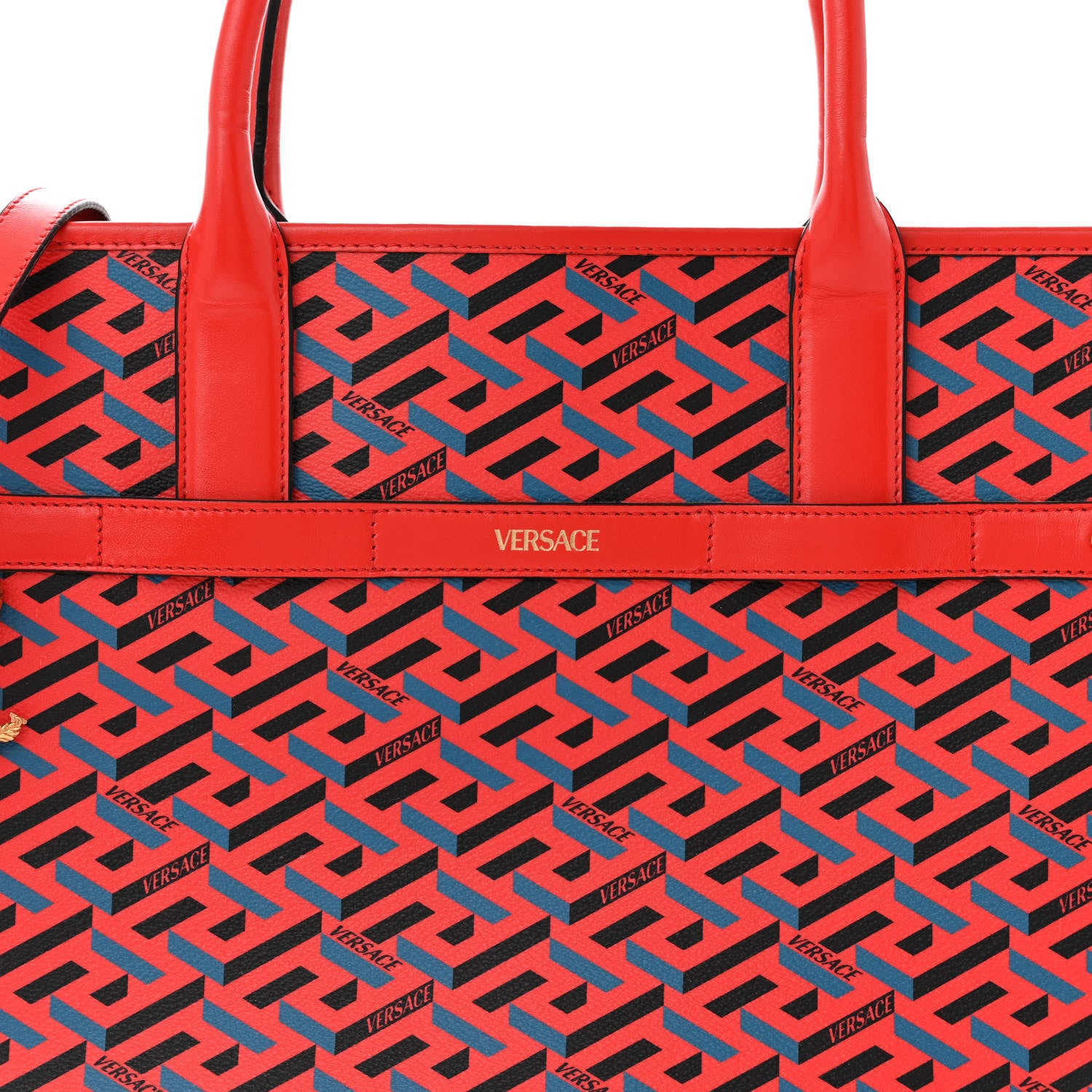 Versace Coated Canvas Calfskin La Greca Signature Tote Bag Blue Red 7 of 14