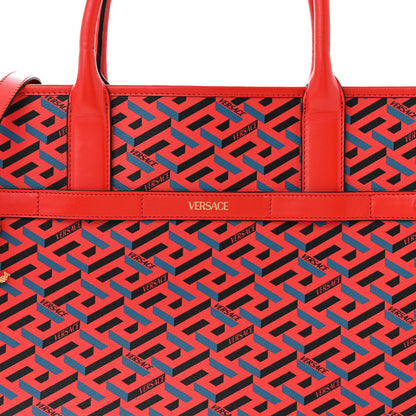 Versace Coated Canvas Calfskin La Greca Signature Tote Bag Blue Red 7 of 14