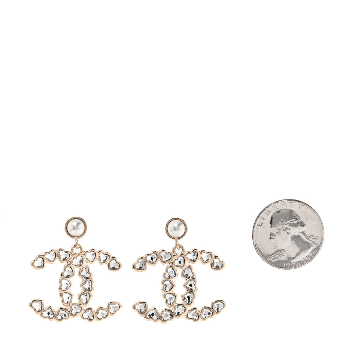 Pearl Crystal Heart CC Drop Earrings Gold