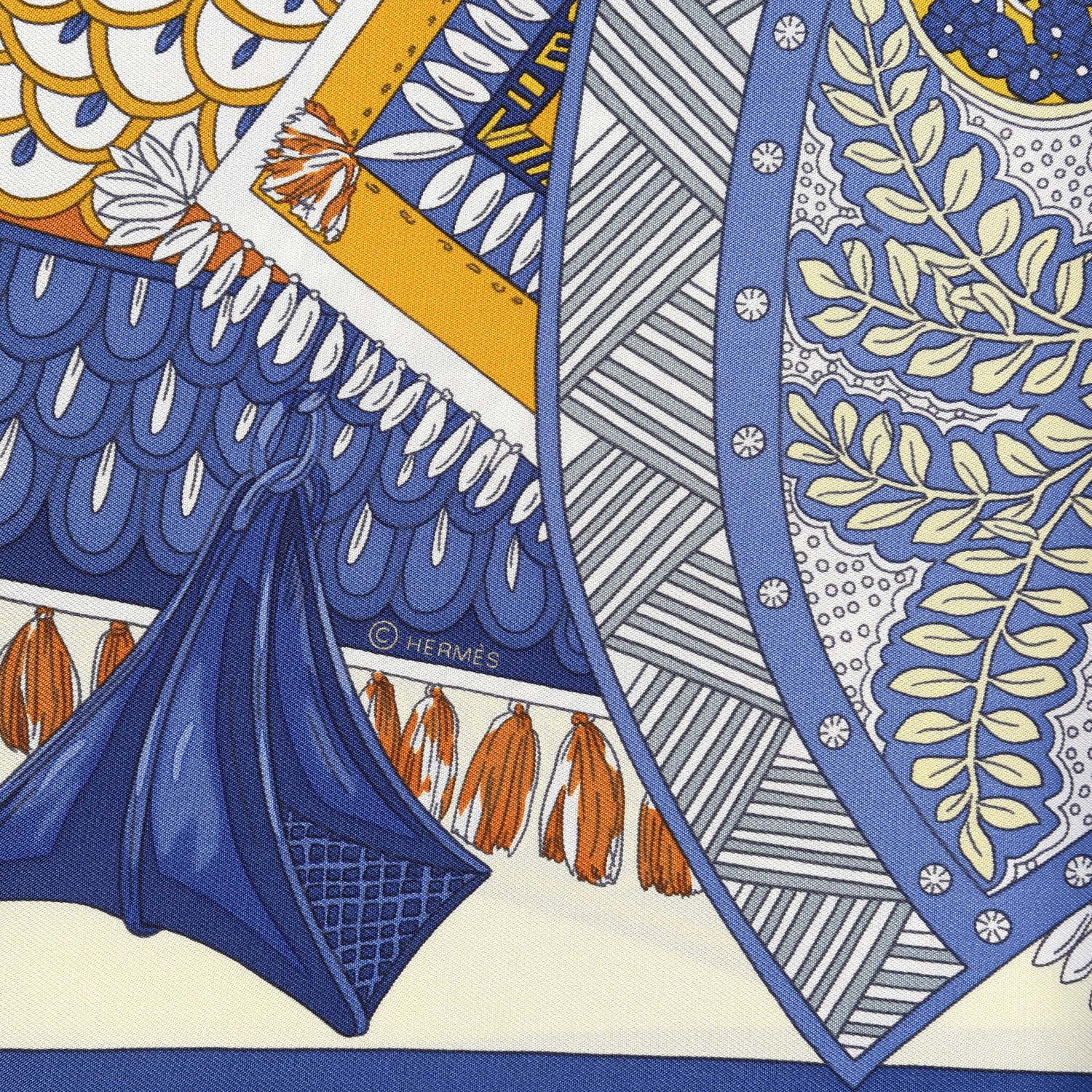 Hermes Silk Tapis De Selle Scarf 90 Vanille Bleu Royal Gold 5 of 5
