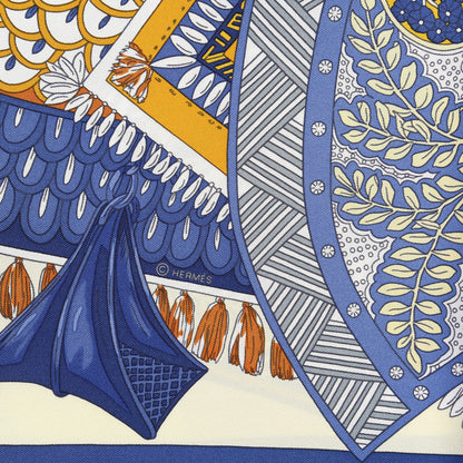 Hermes Silk Tapis De Selle Scarf 90 Vanille Bleu Royal Gold 5 of 5
