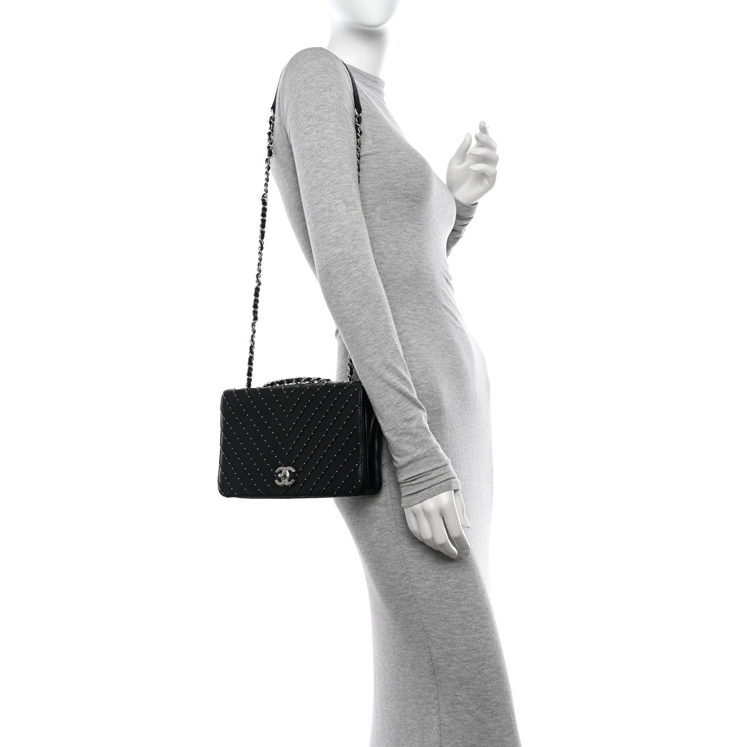 Chanel Calfskin Studded Chevron Quilted Flap Black 2 of 13