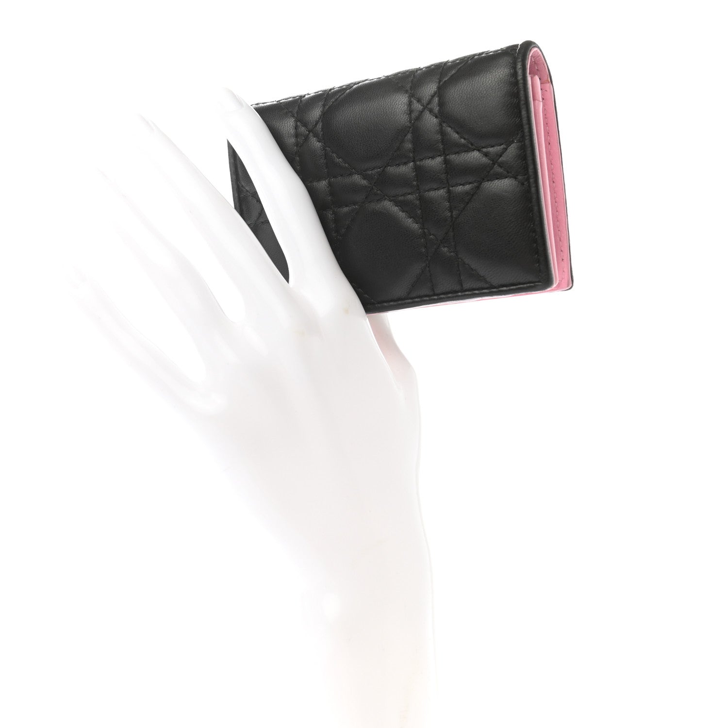 Christian Dior Lambskin Cannage Bi-Color Small Lady Dior Flap Card Holder Black Pink 2 of 9
