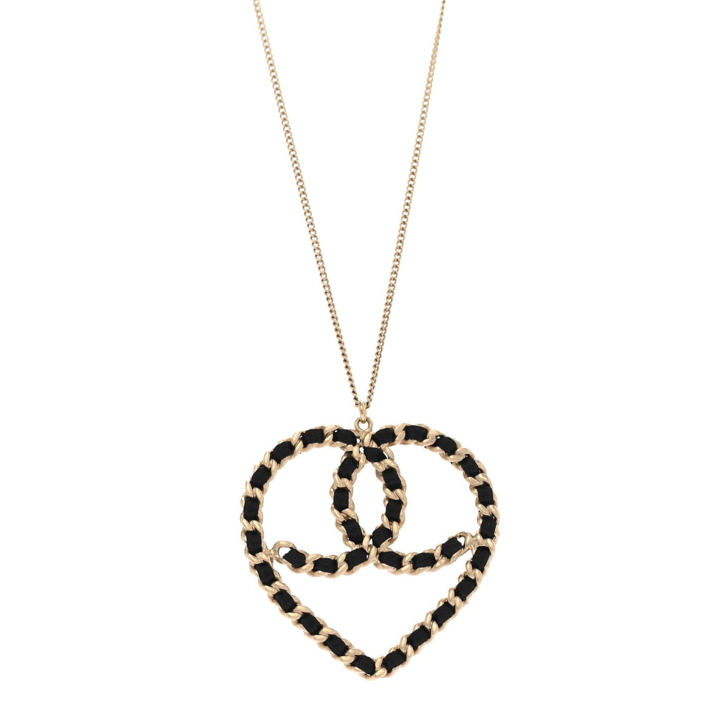 Satin Metal Chain CC Heart Necklace Black Gold