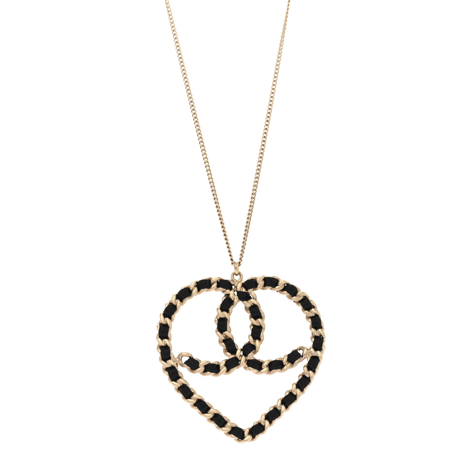 Chanel Satin Metal Chain CC Heart Necklace Black Gold 4 of 6