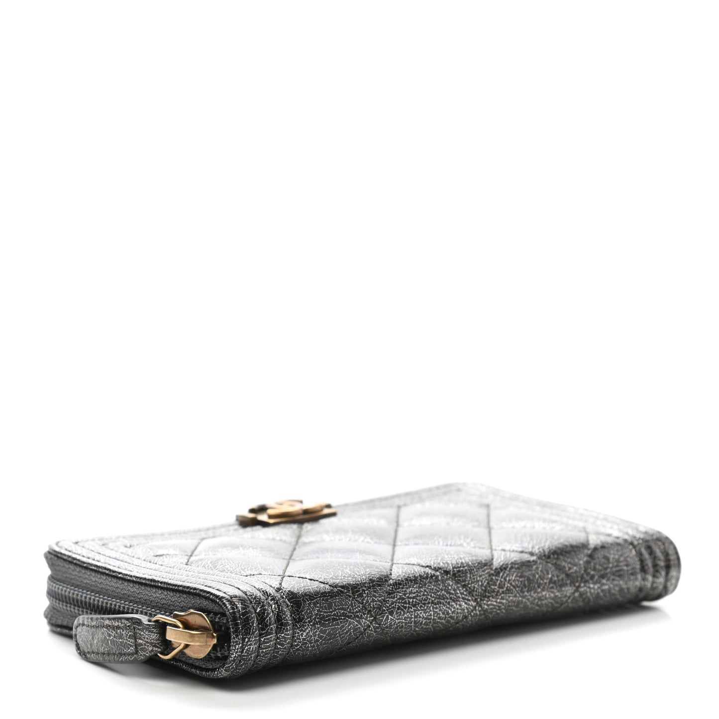 Cracked Metallic Calfskin Quilted Medium Boy Zip Around Wallet Dark Silver