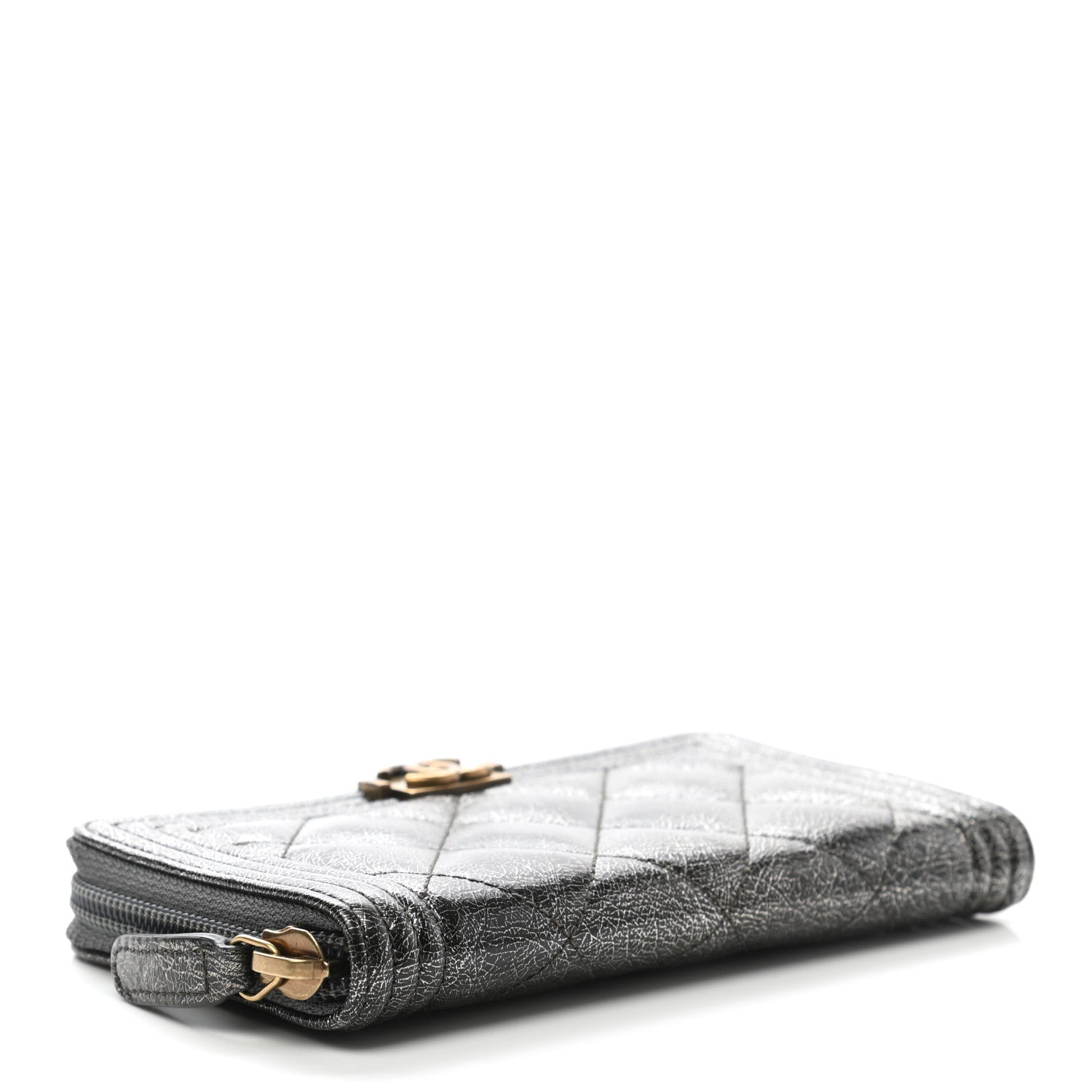Chanel Cracked Metallic Calfskin Quilted Medium Boy Zip Around Wallet Dark Silver 8 of 18