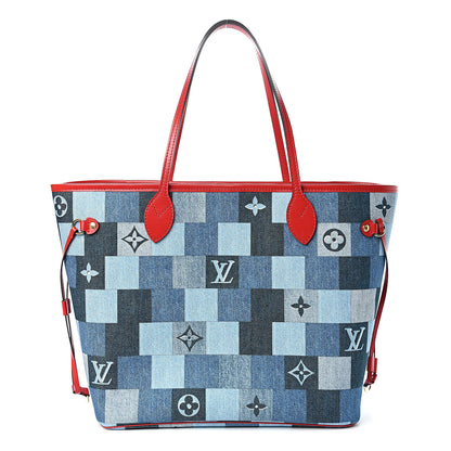 Louis Vuitton Denim Damier Monogram Patchwork Neverfull Blue Rouge 3 of 12