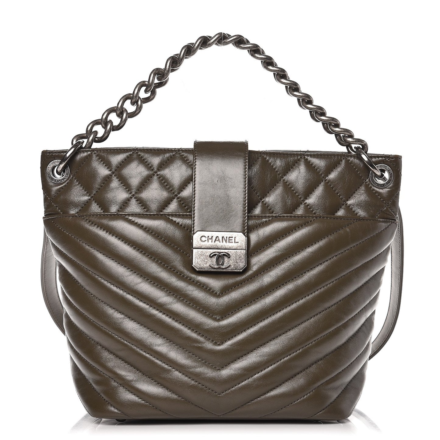 Calfskin Chevron Quilted Large Shopping Tote Khaki