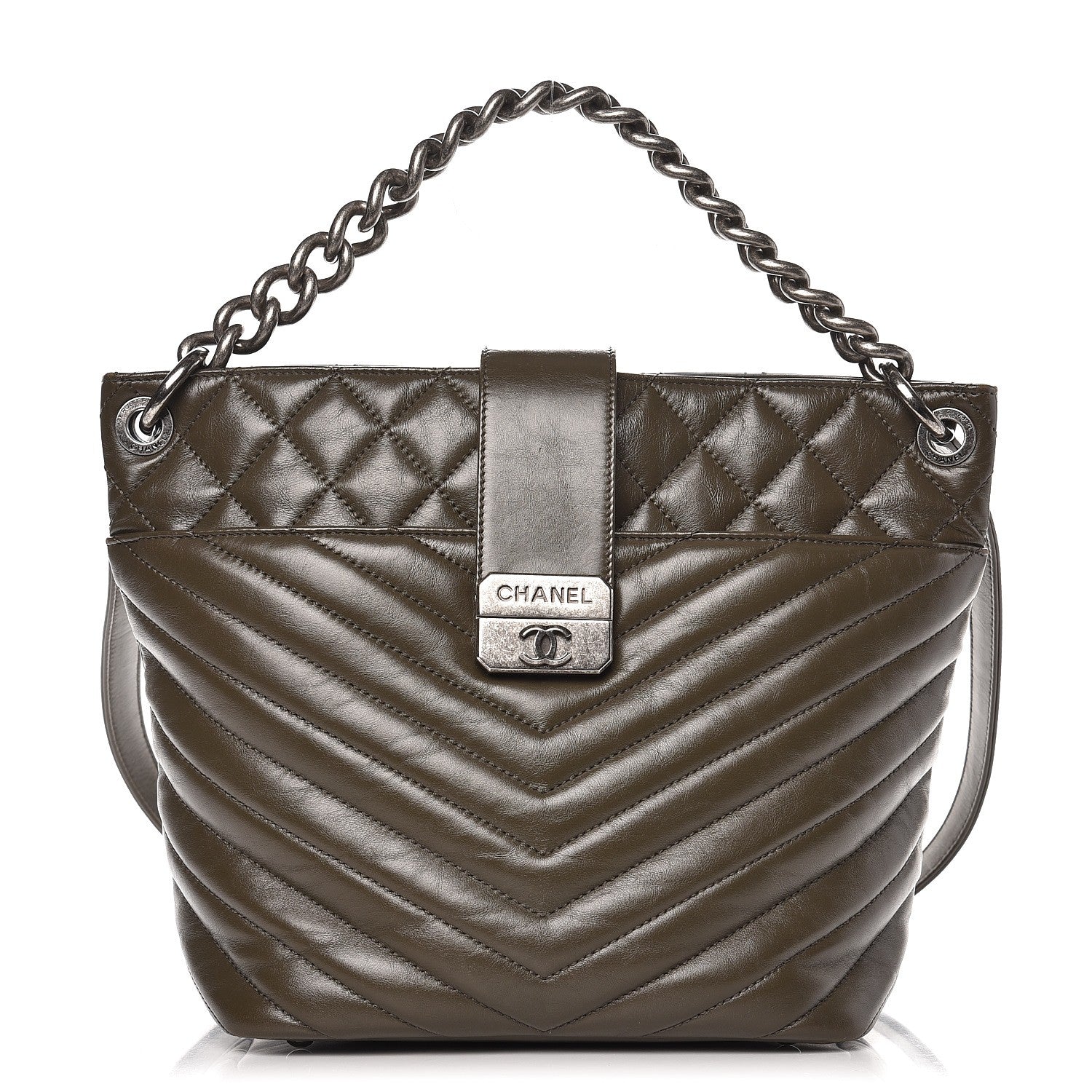 Chanel Calfskin Chevron Quilted Large Shopping Tote Khaki 1 of 7