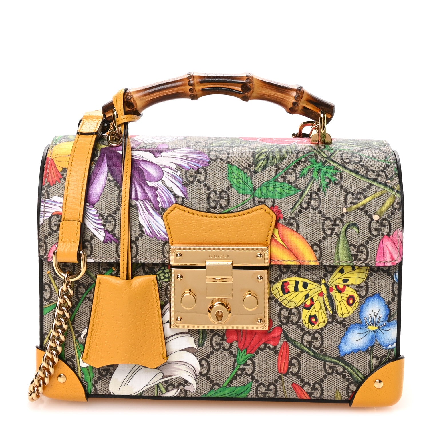 Gucci GG Supreme Monogram Flora Small Padlock Bamboo Shoulder Bag Beige Multicolor Crop 1 of 11