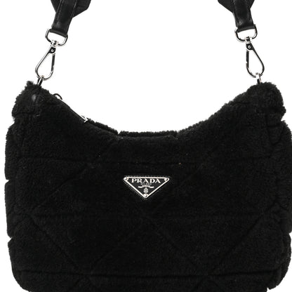 Prada Shearling Nappa Triangle Quilted Patchwork System Shoulder Bag Black 7 of 11