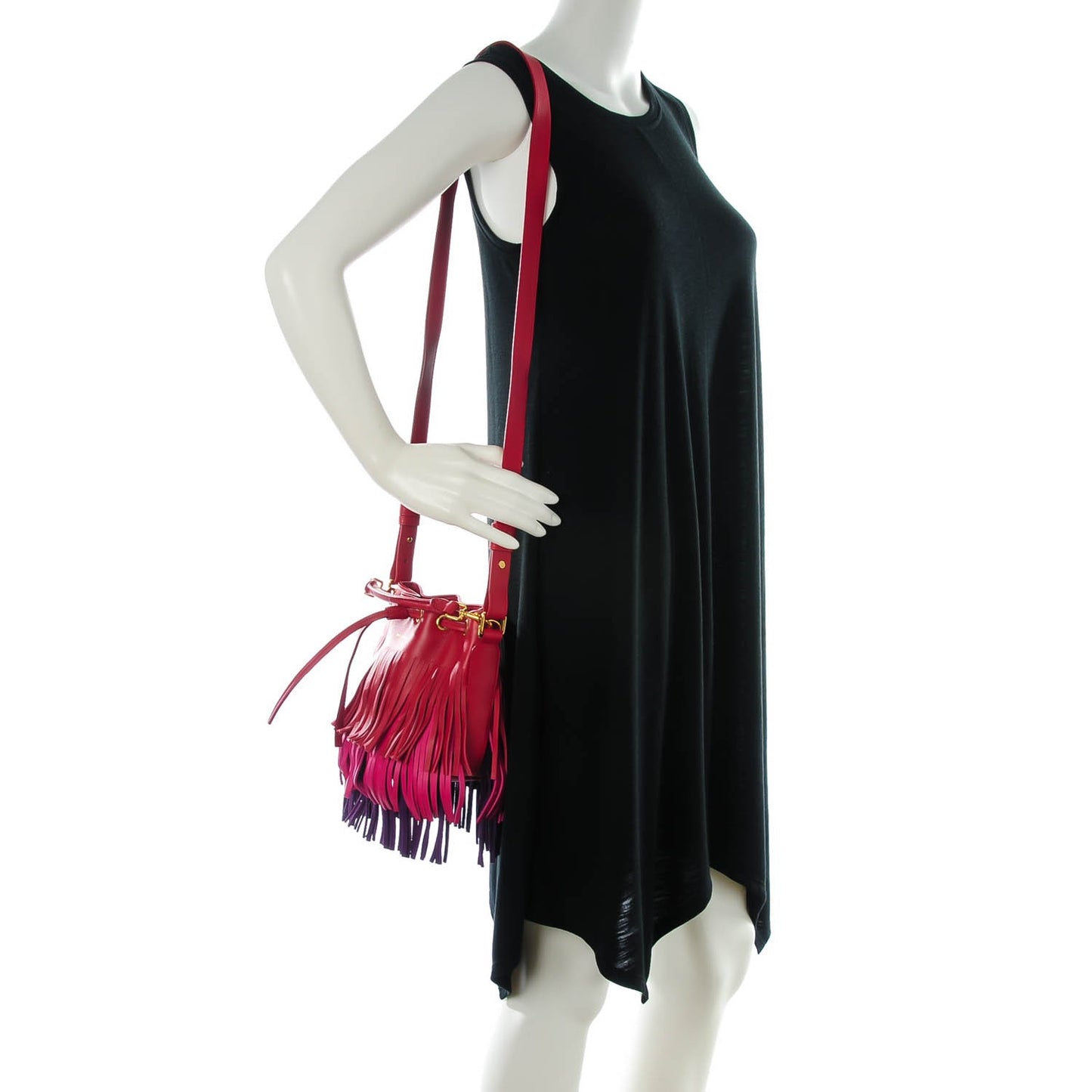 Calfskin Tri-Color Small Emmanuelle Fringe Bucket Bag Red Bubblegum Purple