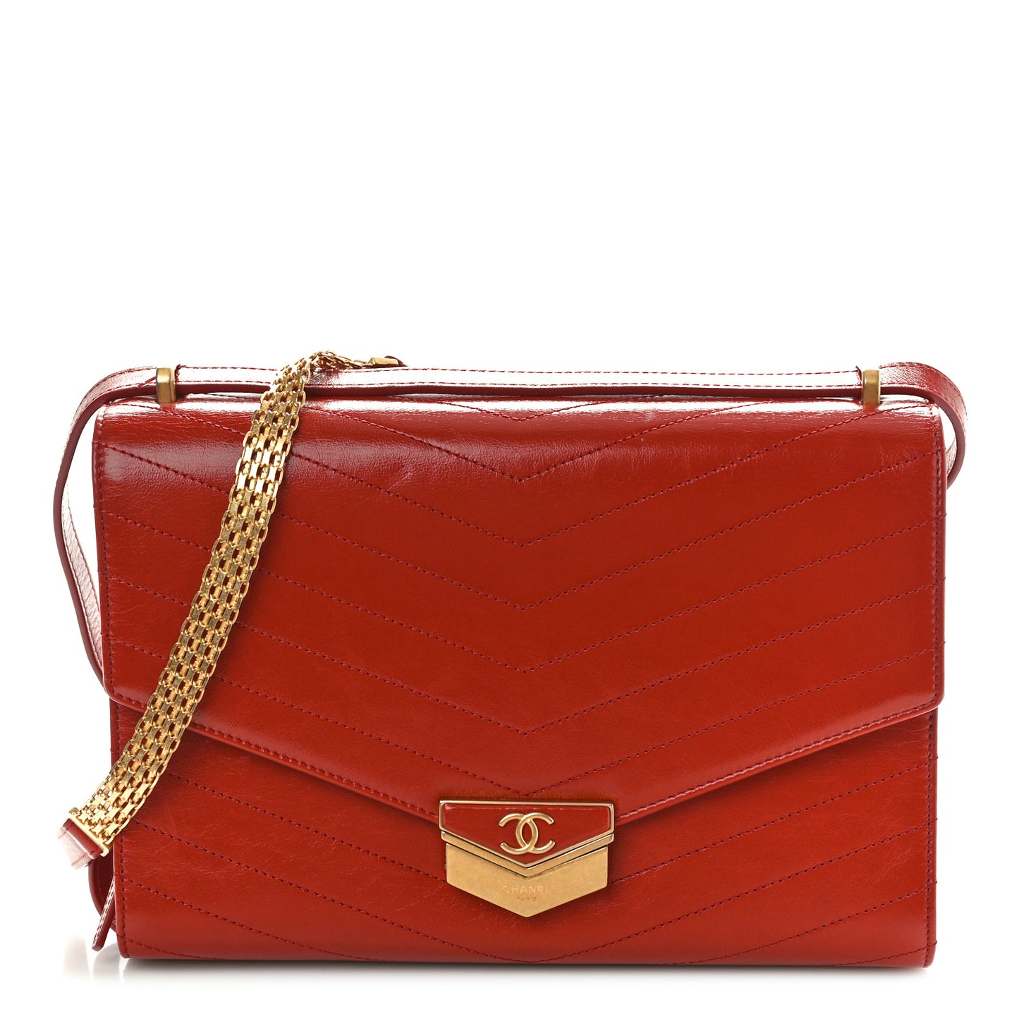 Calfskin Chevron Quilted Large Medal Flap Red