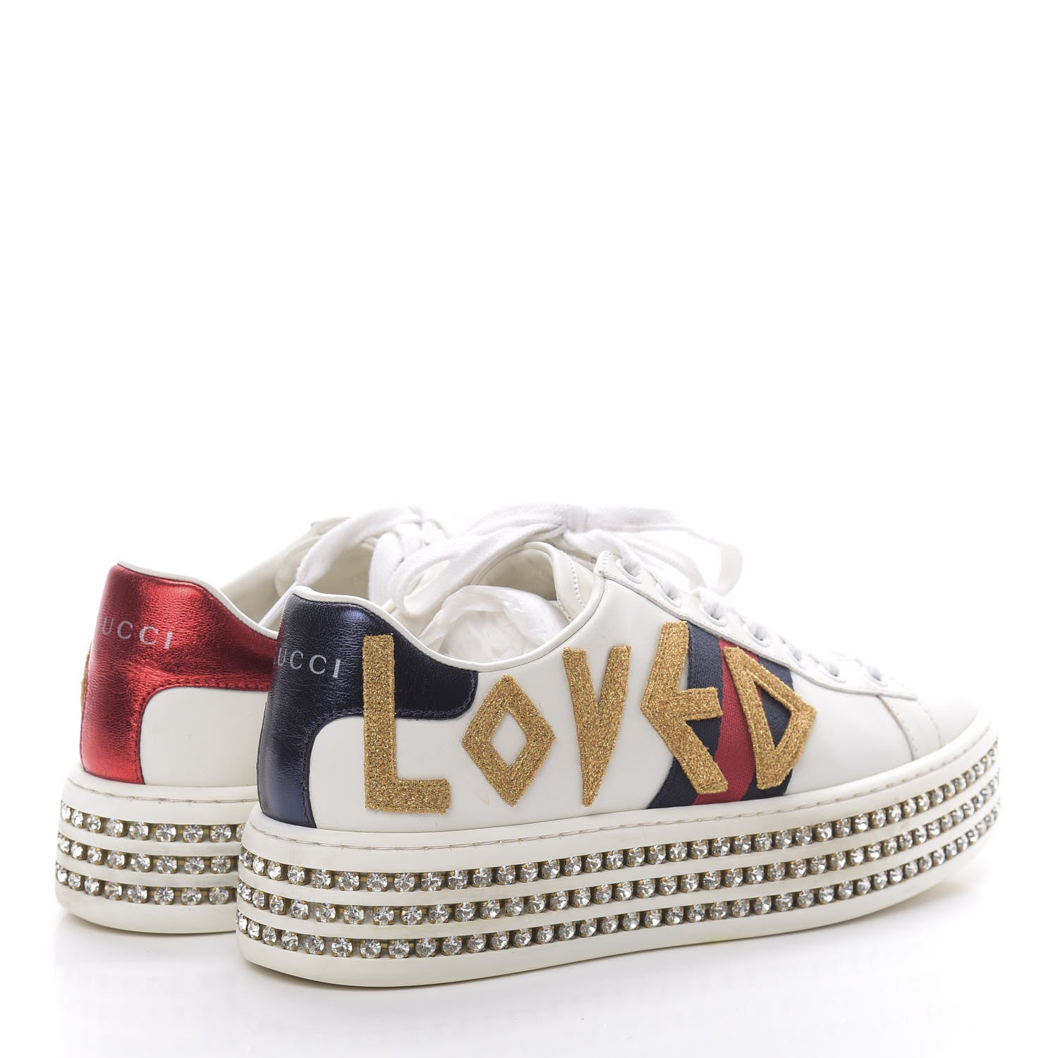 Gucci Calfskin Crystal Web LOVED Embroidered Womens Ace Platform Sneakers 36 White Red Flame Notte 4 of 11