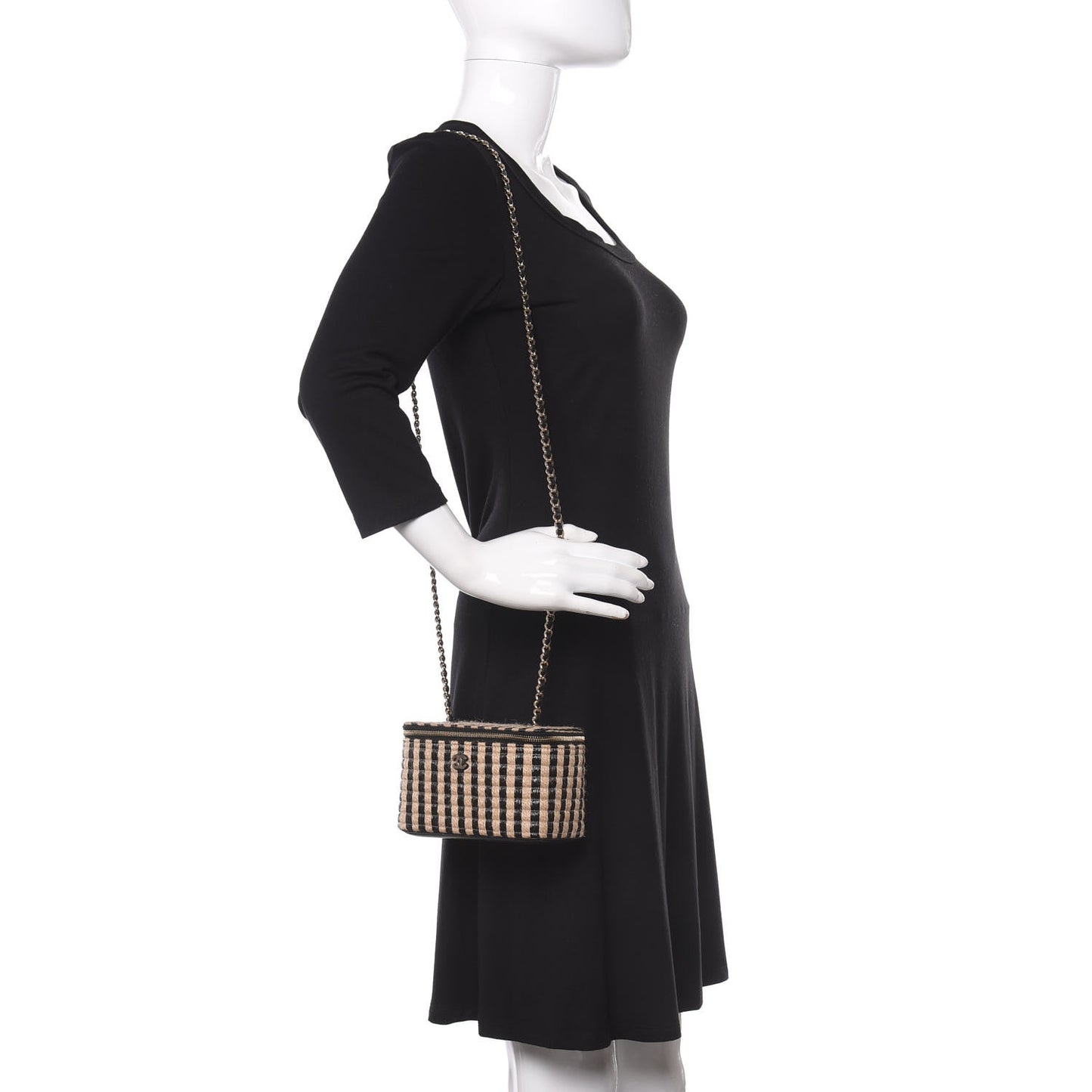 Raffia Jute Striped Small Vanity Case With Chain Black Beige