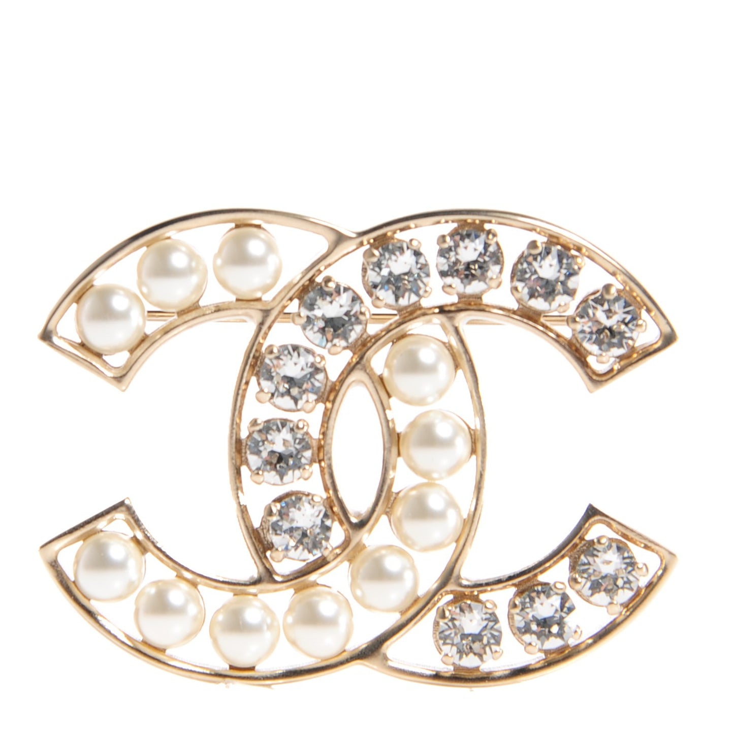 Pearl Crystal CC Brooch Gold