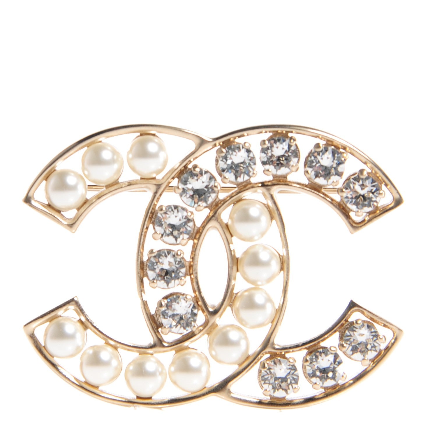 Chanel Pearl Crystal CC Brooch Gold 1 of 6